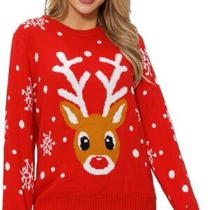 VENTELAN Women's Red Long Sleeve Acrylic Reindeer Winter Holiday Xmas Sweater XL